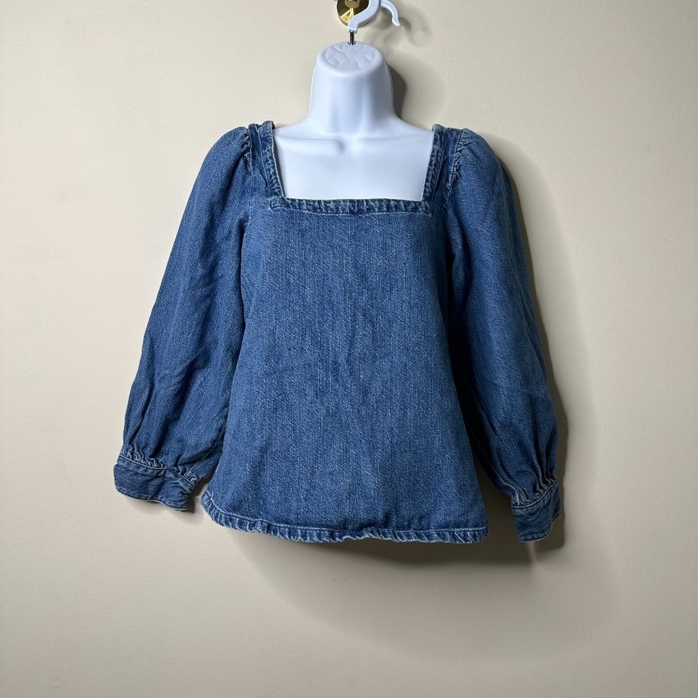 J. Crew Square Neck Chambray Top Puff Sleeves Women's XXS - Picture 3 of 6